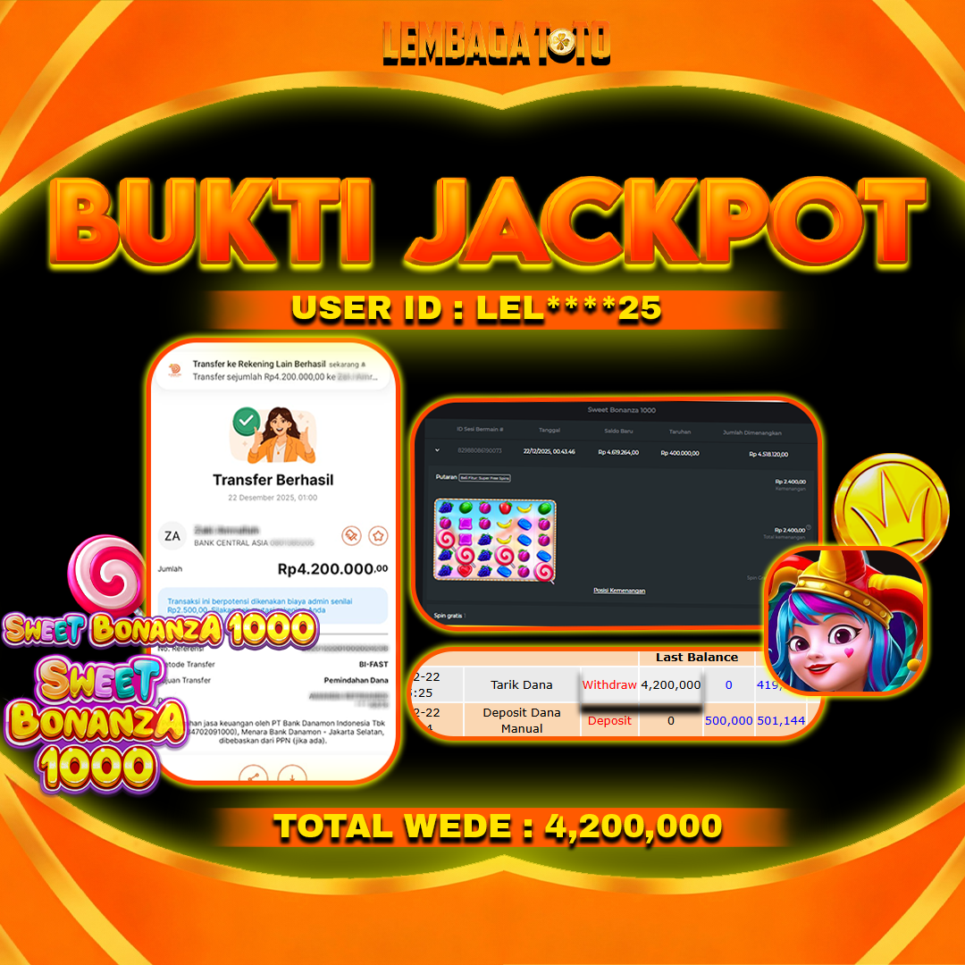 BUKTI JACKPOT 22 DECEMBER LEMBAGATOTO SWEET BONANZA 1000 Rp4,200,000,- LUNAS