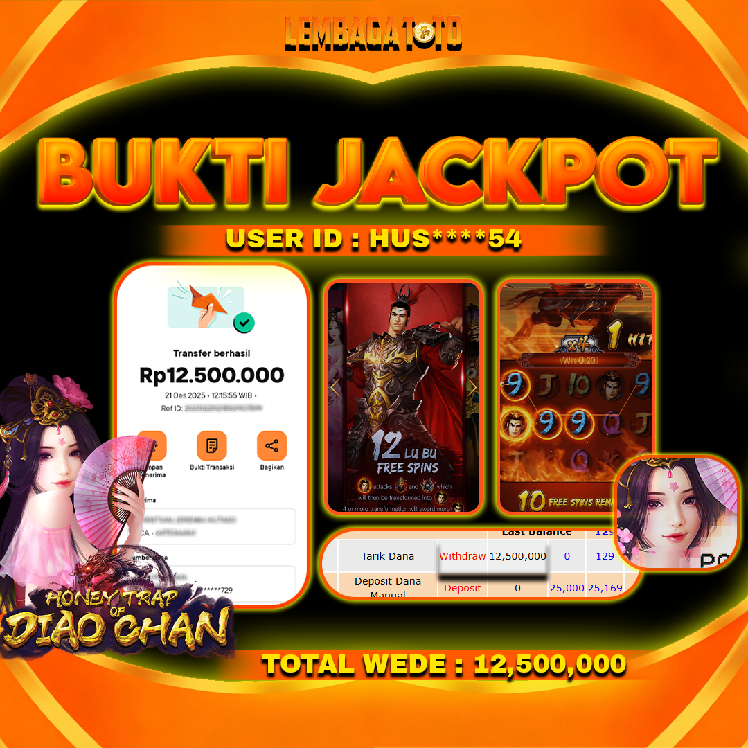 BUKTI JACKPOT 22 DECEMBER LEMBAGATOTO HONEY TRAP DIAO CHAN Rp12,500,000,- LUNAS