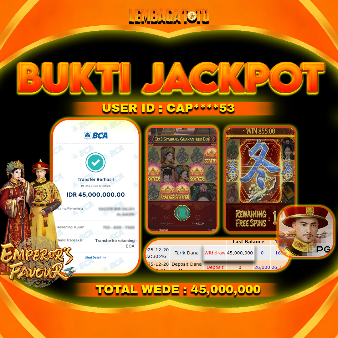 BUKTI JACKPOT 20 DECEMBER LEMBAGATOTO EMPEROR S FAVOUR Rp45,000,000,- LUNAS