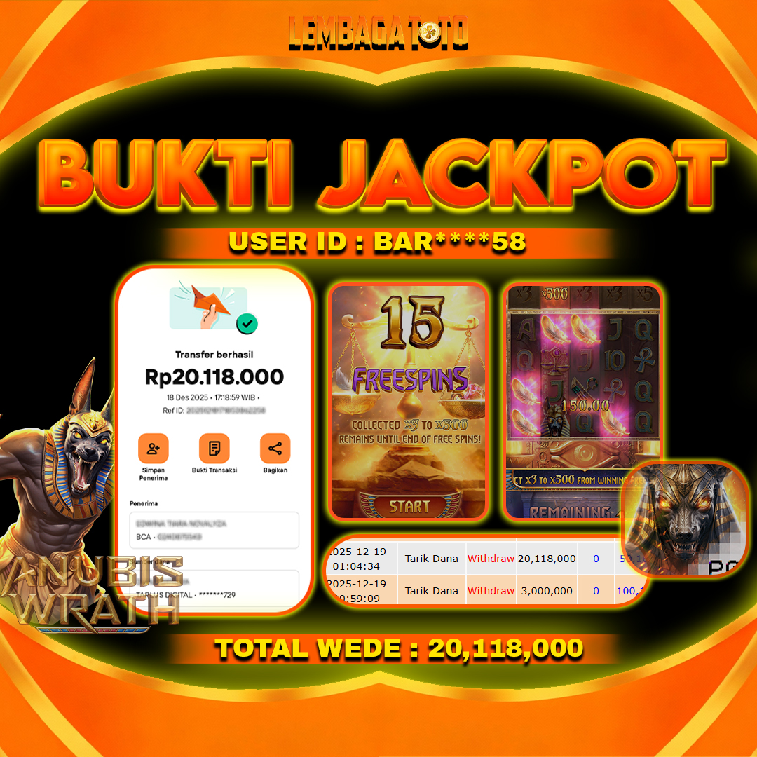 BUKTI JACKPOT 19 DECEMBER LEMBAGATOTO ANUBIS WRATH Rp20,118,000,- LUNAS