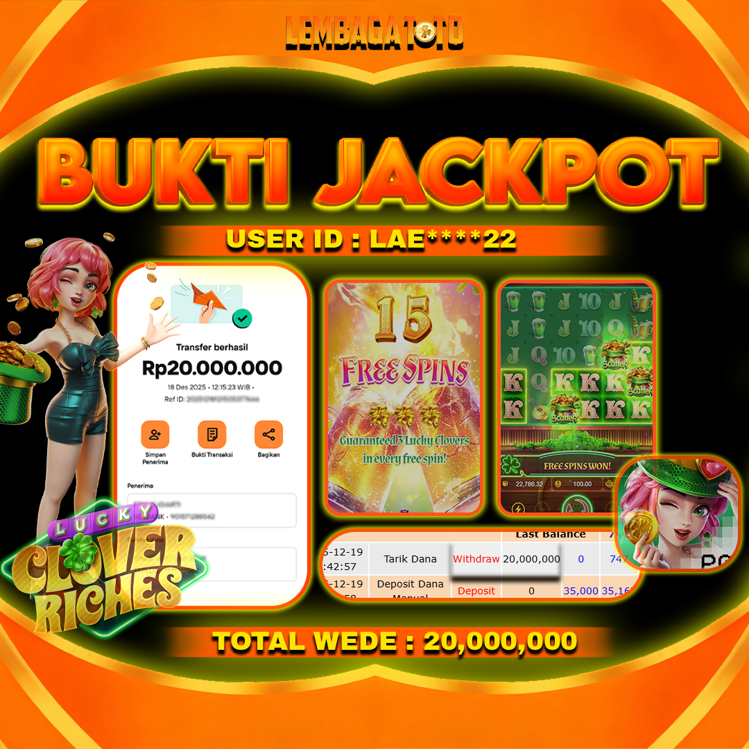 BUKTI JACKPOT 19 DECEMBER LEMBAGATOTO CLOVER RICHES Rp20,000,000,- LUNAS