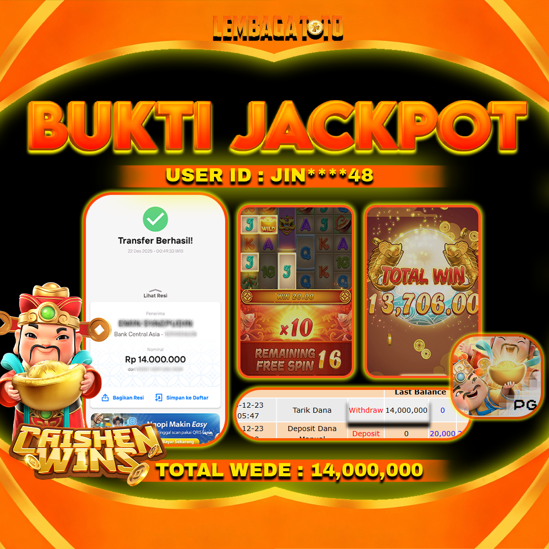 BUKTI JACKPOT 23 DECEMBER LEMBAGATOTO CAISHEN WINS Rp14,000,000,- LUNAS