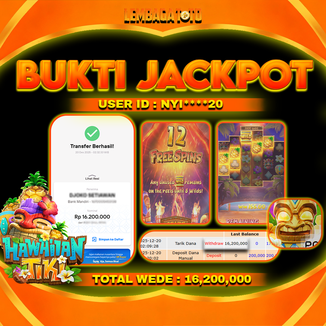 BUKTI JACKPOT 20 DECEMBER LEMBAGATOTO HAWAILAN TIKI Rp16,200,000,- LUNAS