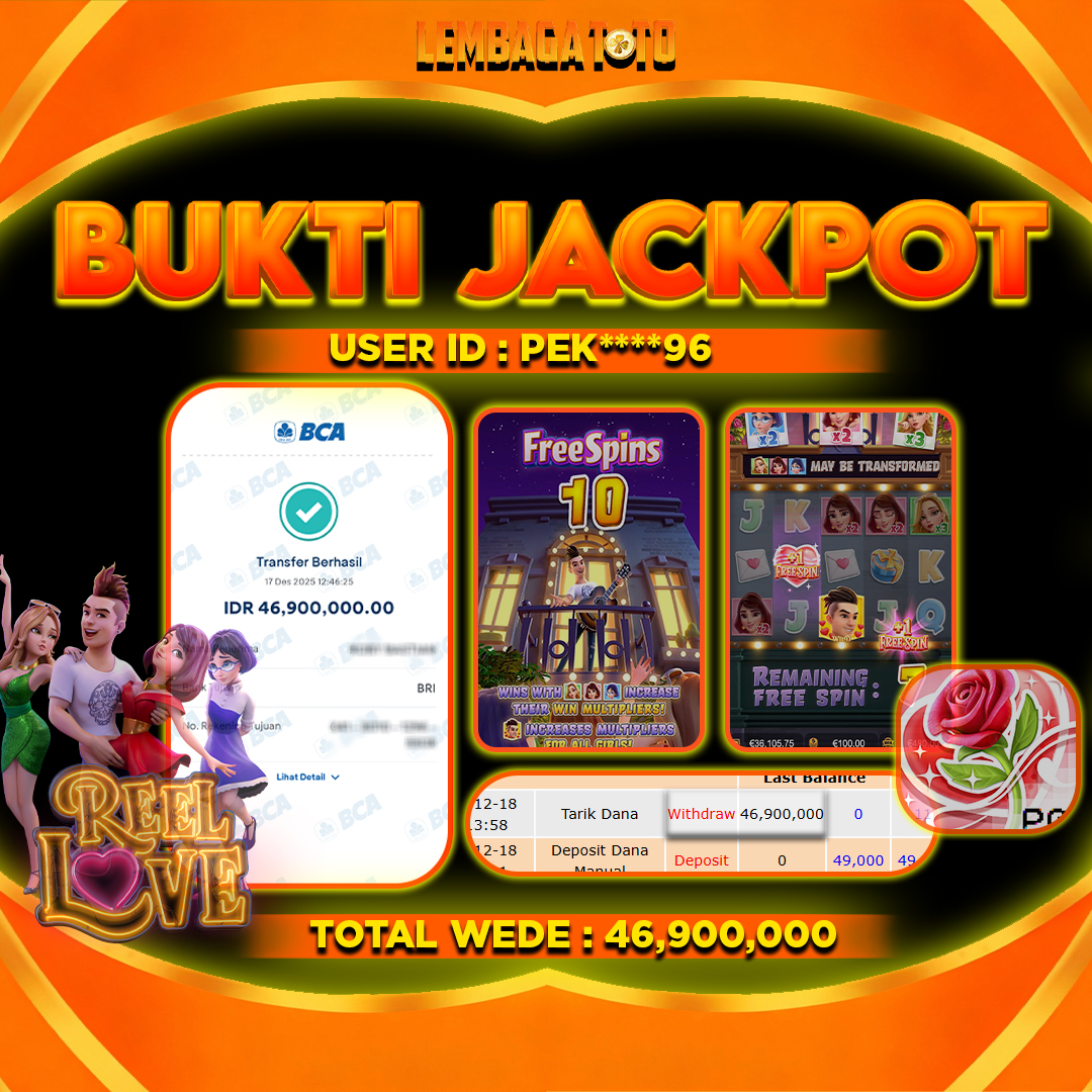 BUKTI JACKPOT 18 DECEMBER LEMBAGATOTO REEL LOVE Rp46,900,000,- LUNAS