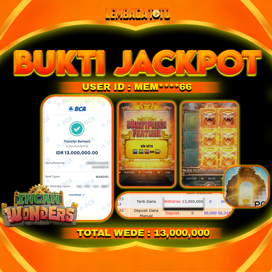 BUKTI JACKPOT 23 DECEMBER LEMBAGATOTO INCAN WONDERS Rp13,000,000,- LUNAS