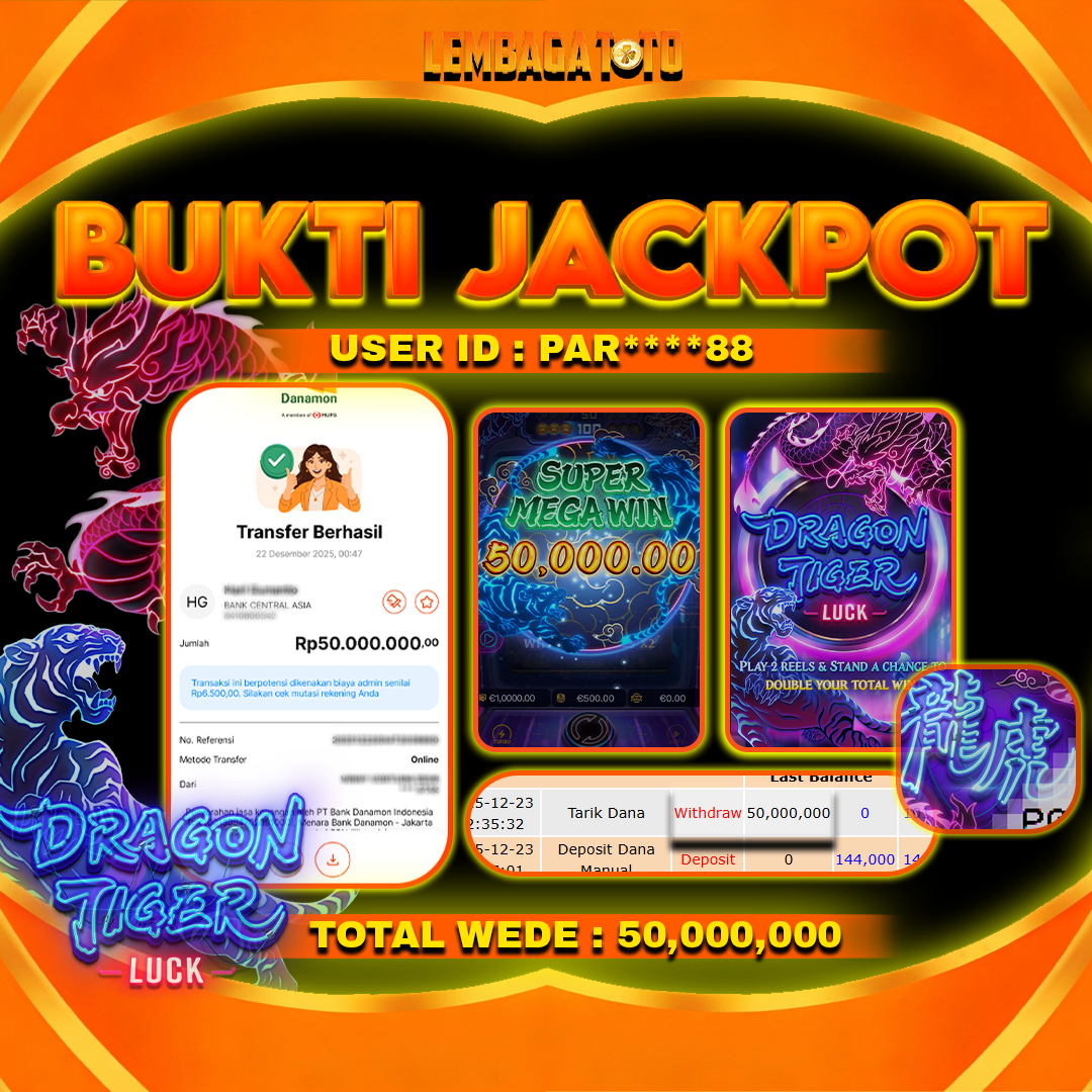 BUKTI JACKPOT 23 DECEMBER LEMBAGATOTO DRAGON TIGER Rp50,000,000,- LUNAS