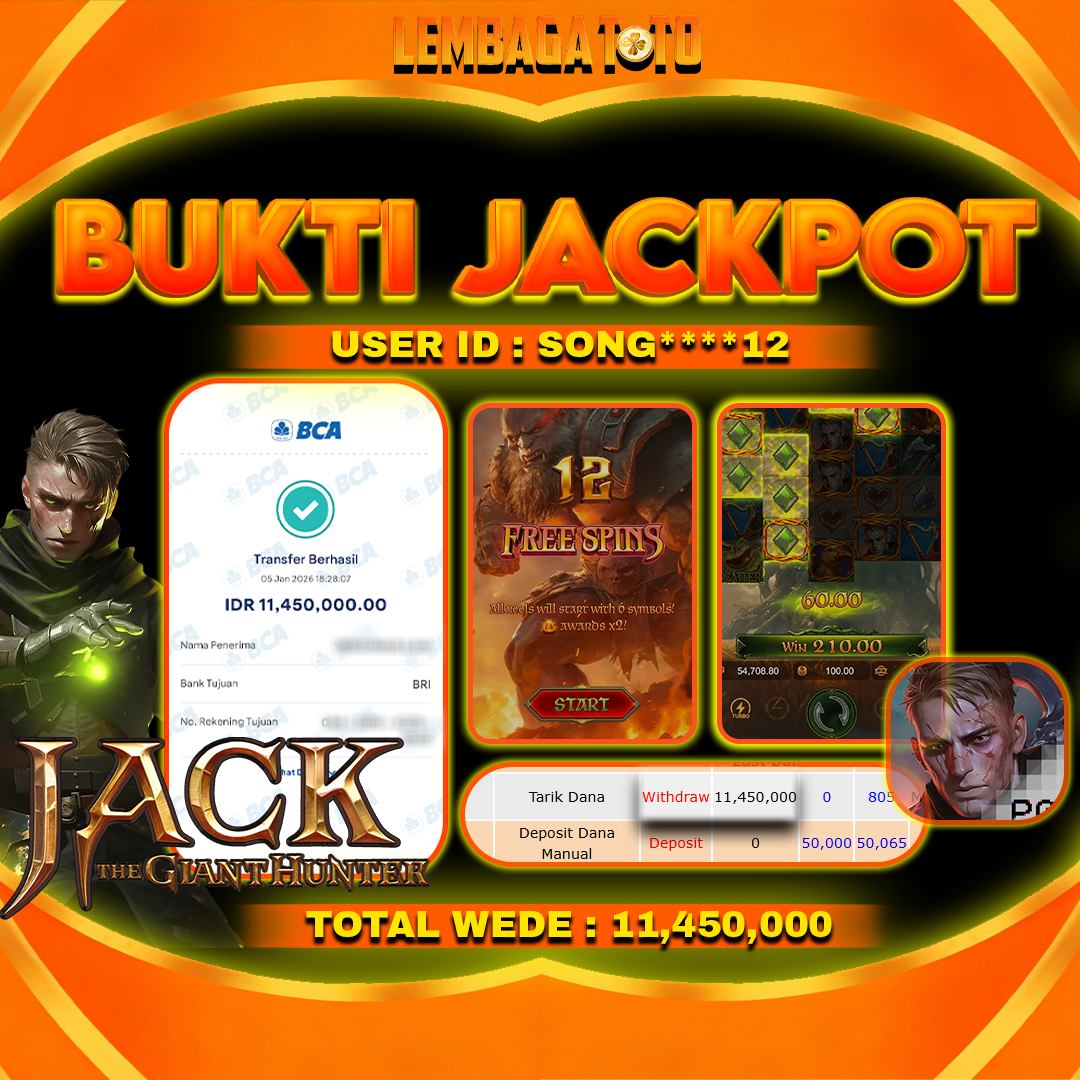 BUKTI JACKPOT 06 JANUARI LEMBAGATOTO JACK THE GIANT HUNTER Rp11,450,000,- LUNAS